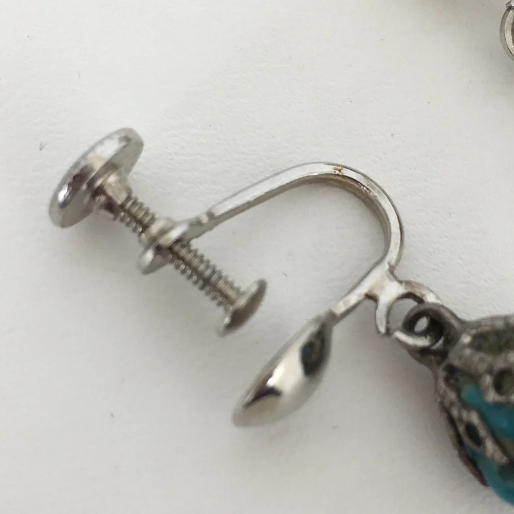 Vintage Screw Back Blue Moon Turquoise Dangle Earrings Silver Tone Filigree